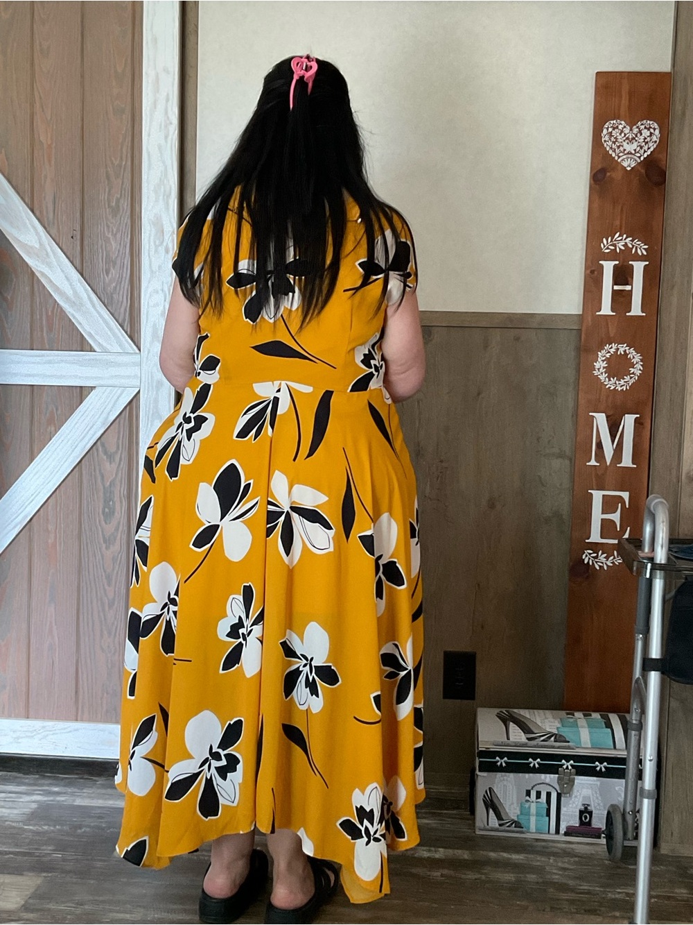 Who What Wear Mustard Floral Maxi Dress with Black & White Blooms - Picture 3 of 6